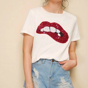 SHEIN|Bitten Lip Sequin T-Shirt|White|Size Large